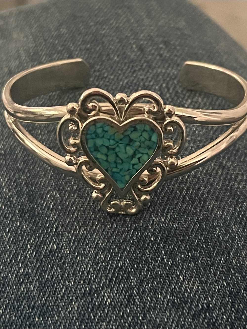 Vintage Silver Cuff Bracelet with Turquoise Heart